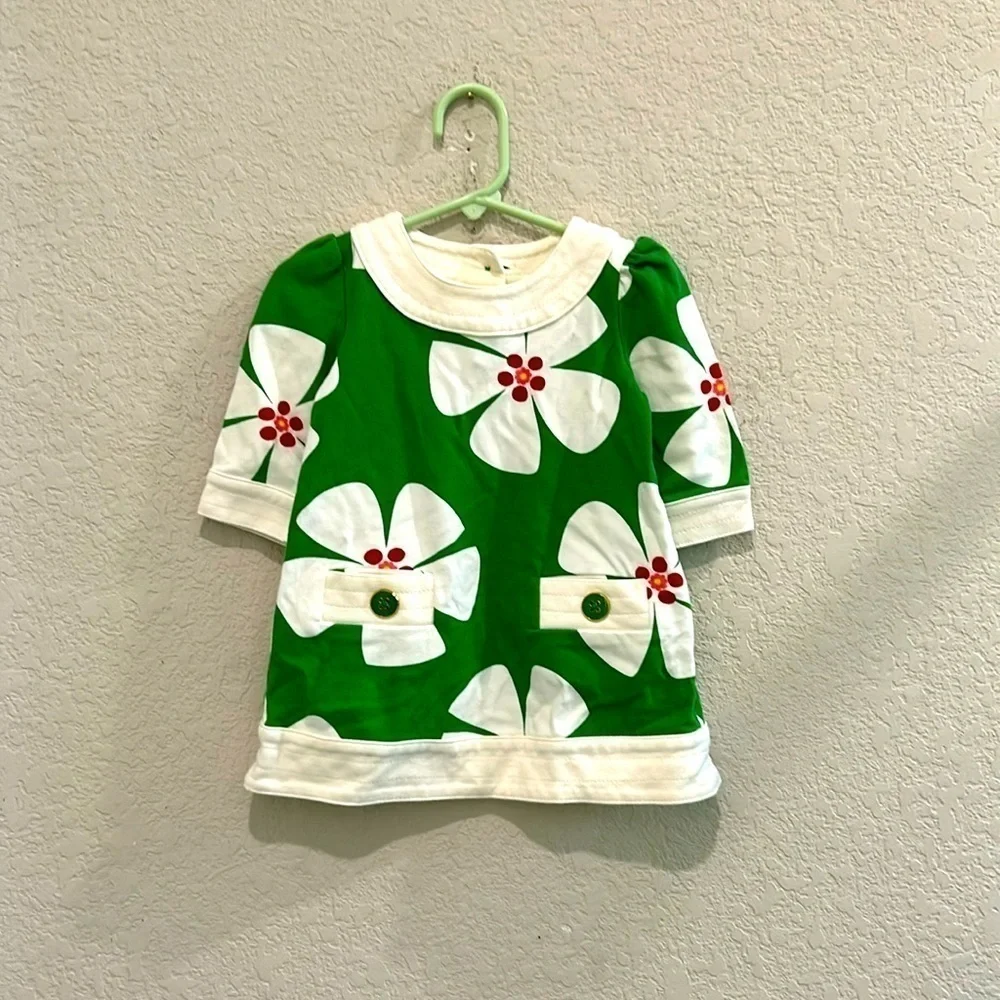 Green gap baby dress size two years white flower pattern green and gold buttons